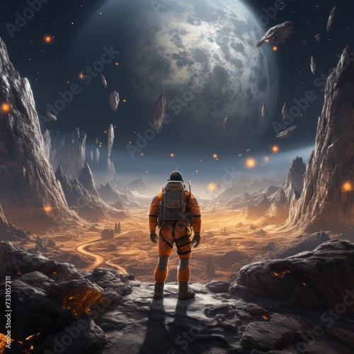 An astronaut stands on a rocky moon or mars landscape and looks at a large moon or planet in the sky photo