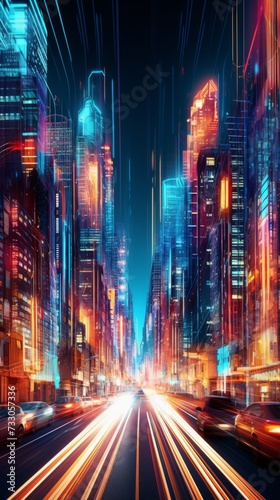 Futuristic cityscape with glowing skyscrapers and light trails from moving cars on a busy highway at night
