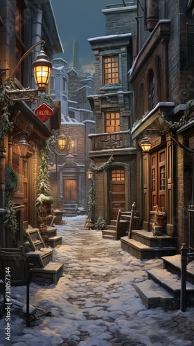 A digital painting of a snowy street in a European city.