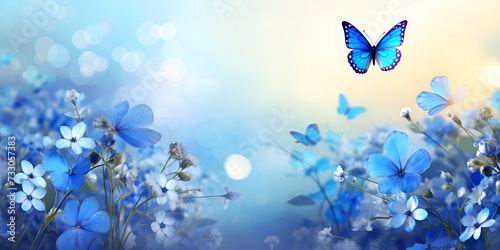Flowers in a bouquet  blue hydrangeas and butterfly Natural blue background. bright blue tropical monarch butterfly and skeletonized leaves.