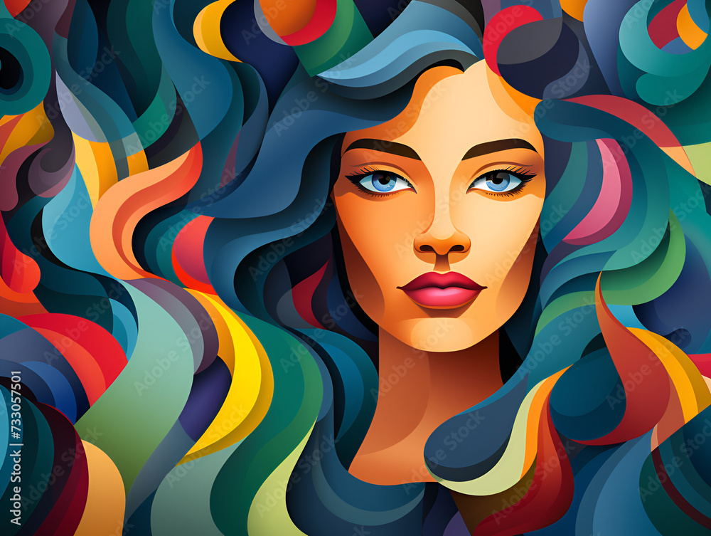 Naklejka premium Beautiful woman on the background of butterflies. Portrait of a woman. Multi-colored pattern.