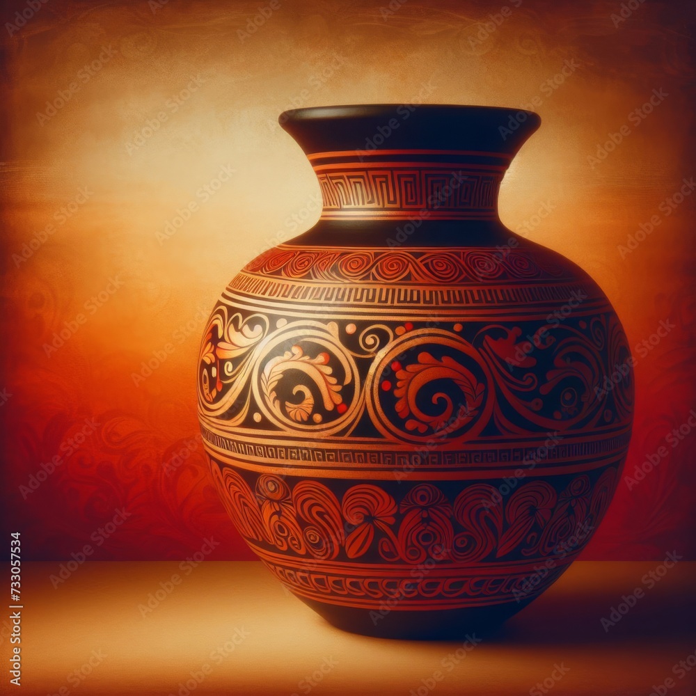 Terracotta Greek vase with black decor details painted around the body
