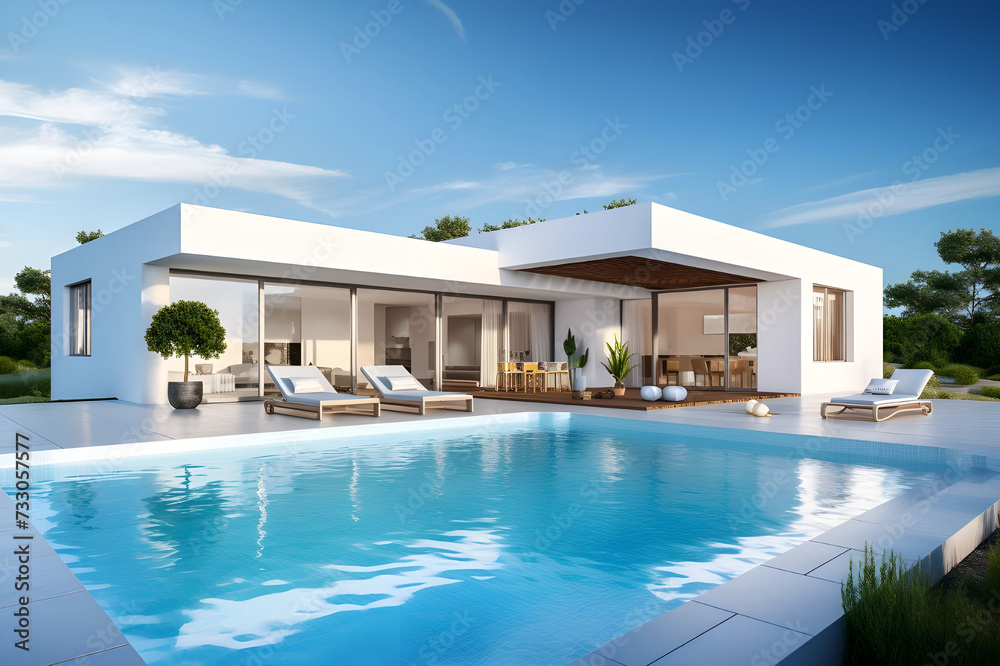 3d rendering of modern cozy house with pool and parking for sale or rent - Ai Generated