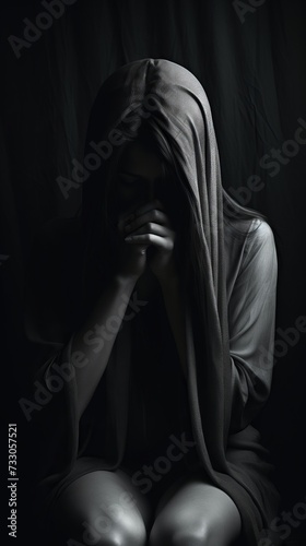 A woman in a dark veil is praying.