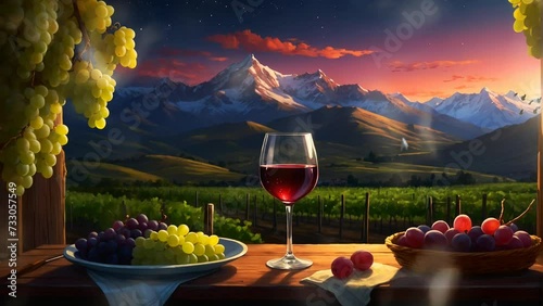 a glass of Argentine wine with the beauty of the Andes mountains, celebrating the Wine Harvest Festival, digital painting illustration style. Seamless looping 4K video animation background. photo