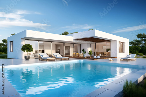 3d rendering of modern cozy house with pool and parking for sale or rent - Ai Generated © Muhammad