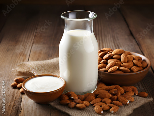 A bottle of milk on the table. almond. Milk. diet. Copy space