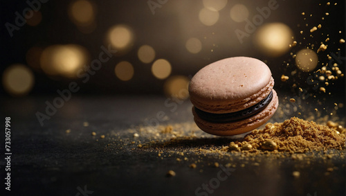 Tipici dolci francesi, macarons su sfondo nero e dorato in uno studio fotografico photo