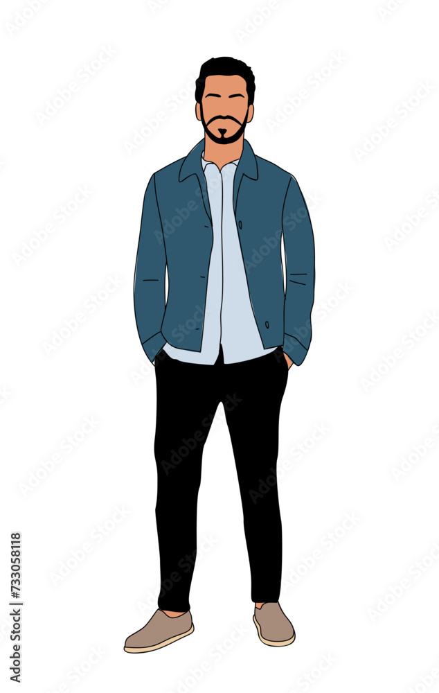 A man wearing a blazer and denim dress shirt is standing with his hands in his pockets, showcasing a relaxed yet formal gesture with his arm and collar visible. Vector illustration isolated.