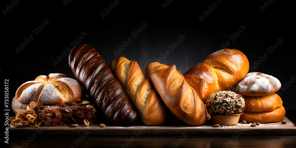 Assortment of baked goods in black background. copy space