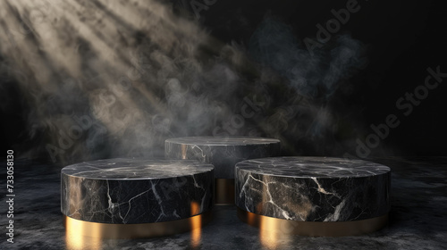Three marble pedestals with golden highlights set against a backdrop of swirling mist