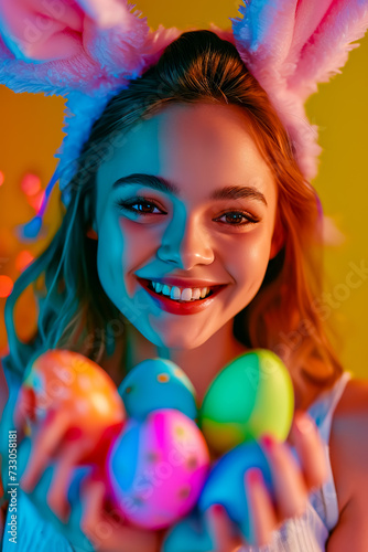 Happy beautiful young woman smiling wearing rabbit ears holding colorful Easter eggs. © leo_nik
