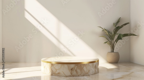 Luxe marble pedestal with a radiant gold base basking in the soft morning light