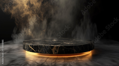 Black marble podium with a vibrant orange glow amidst a misty, dark atmosphere