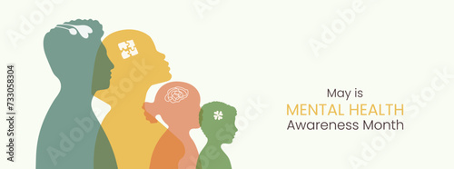 Mental Health Awareness month Banner. Silhouettes of family members man woman children son and daughter. Informing about importance of good state of mind. Psychological well-being presentation