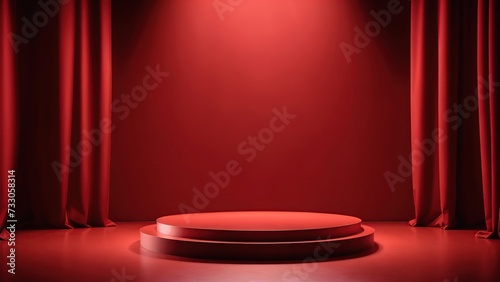 A red stage with a red curtain on the left and a red drape on the right. A red podium sits in the center of the stage.