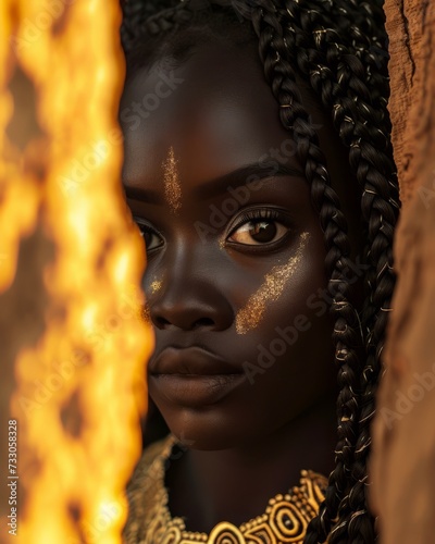 Young Nigerian woman with rich, ebony skin, adorned in traditional attire, her eyes reflecting the vibrancy of her culture. The image is set against the backdrop of the iconic Zuma Rock/ photo