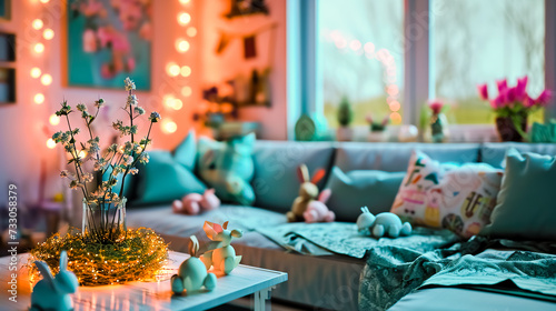 Interior of living room with Easter decorations.