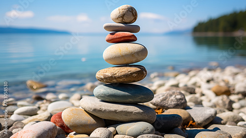 Stack of stones on the beach, A minimalist view of a perfectly stacked arrangement of colorful pebbles on a serene beach, Pebble Stack in Minimalist