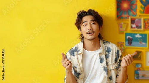 Korean man in casual clothes shows his open palm on a yellow background.
