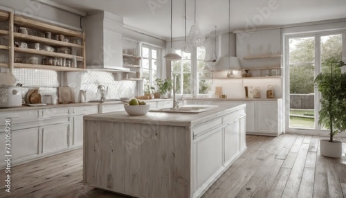 modern kitchen interior with kitchen, Empty minimalist kitchen with scandinavian style with wooden and white details, luxury kitchen interior in white tone