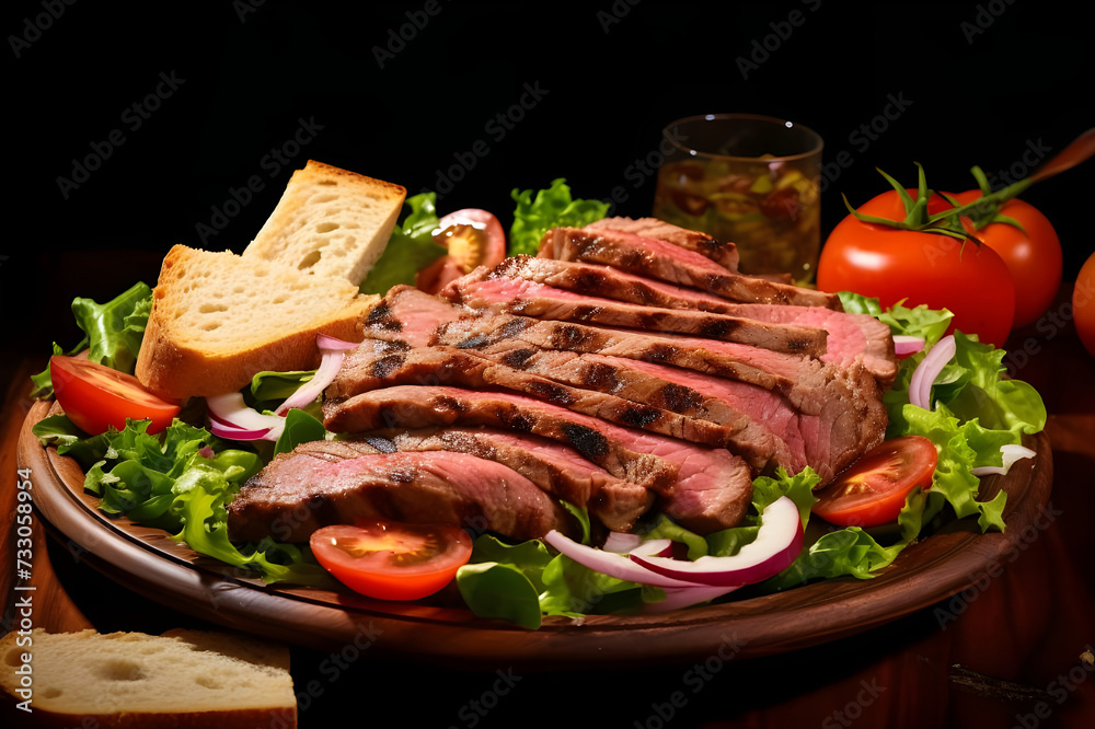Grilled steak with vegetables and bread on wooden table - Ai Generated