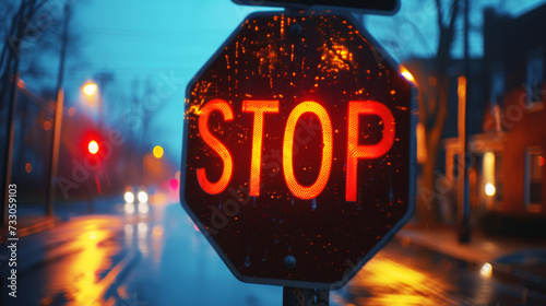 Rain-Drenched Stop Sign Illuminated at Night. A stop sign glowing with raindrops against a dark, wet street.