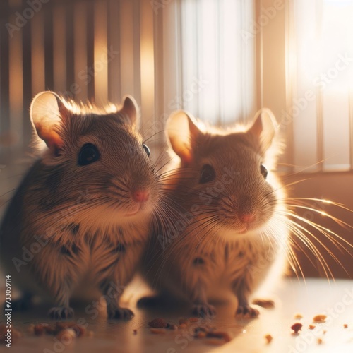 Two gerbils sit outside their enclosure, ready to explore 