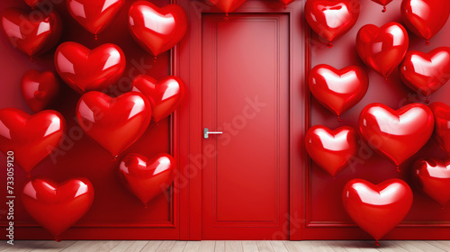 Room with door and heart shaped balloons. Concept of Valentines day, romantic background.