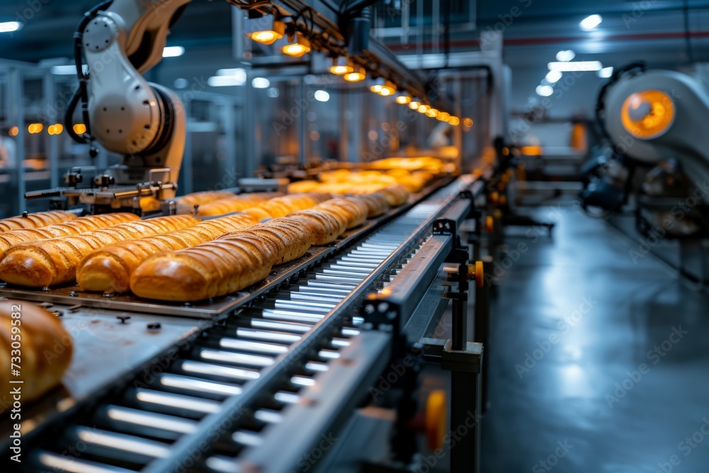 Industrial Bread Production Line with Fresh Loaves on Conveyor Industrial Bread Production Line with Fresh Loaves on Conveyor