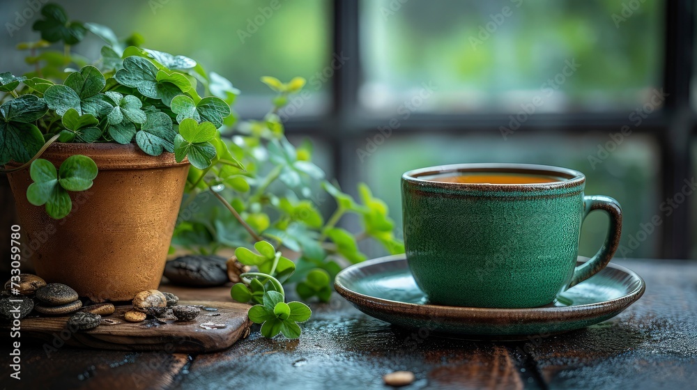 Warm drinks on the table in the morning during st patrick's celebration. Warm drinks on the table in the morning during st patrick's celebration.