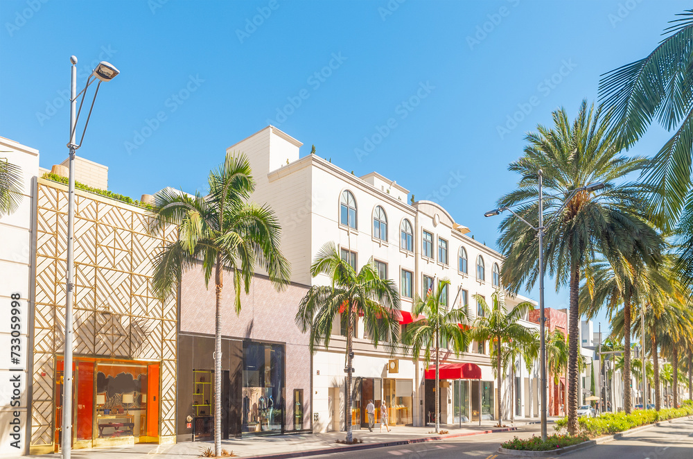 Luxury buildings and palms in world famous Rodeo Drive in Beverly Hills