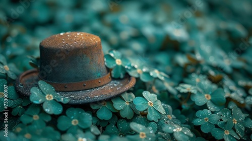 Leprechaun hat on clover leaves and moss in the forest. St Patrick's Day background