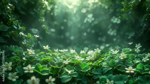 Clover in the forest with dramatic lightning. St Patrick's Day background