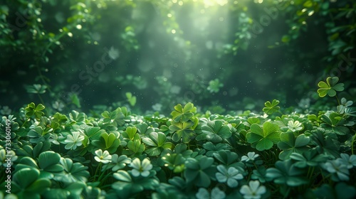 Clover in the forest with dramatic lightning. St Patrick's Day background