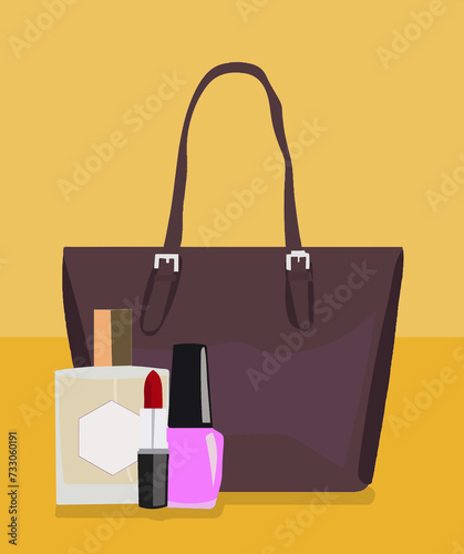 illustration simple flat design d'un sac à main et produits cosmétiques