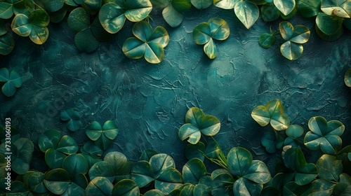 Stack of clover leaves on dark wall background. St Patrick's Day background © pengedarseni