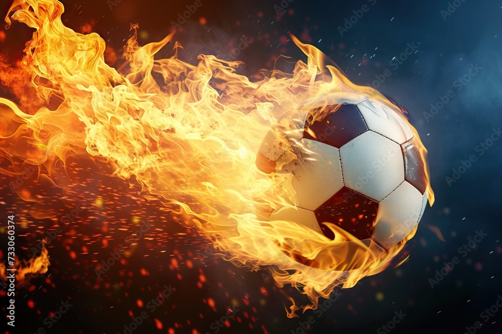 Fototapeta premium Powerful kick of a soccer ball with flame of fire. Generative AI