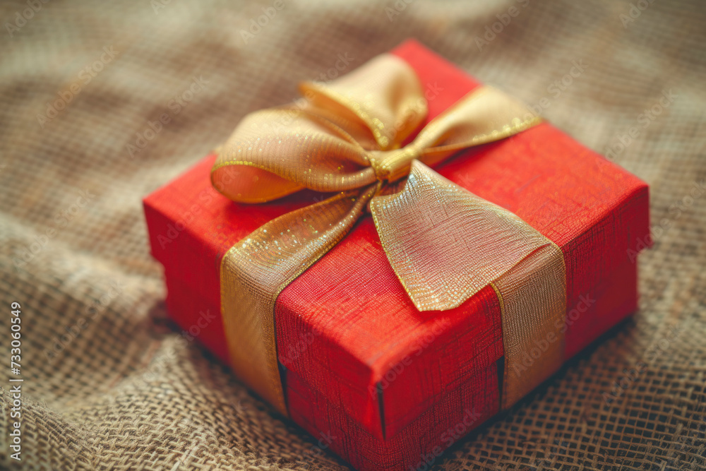 Red gift box with golden ribbon and bow. Red gift box with golden ribbon and bow.
