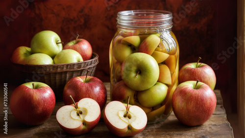 A jar of pickled apples is surrounded by fresh apples on a wooden table.