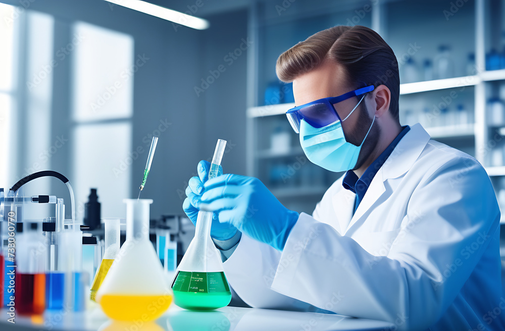 A laboratory technician in a lab coat and safety glasses performs chemical experiments. A laboratory assistant conducts research in a special laboratory. A laboratory technician in a lab coat and safety glasses performs chemical experiments. A laboratory assistant conducts research in a special laboratory.