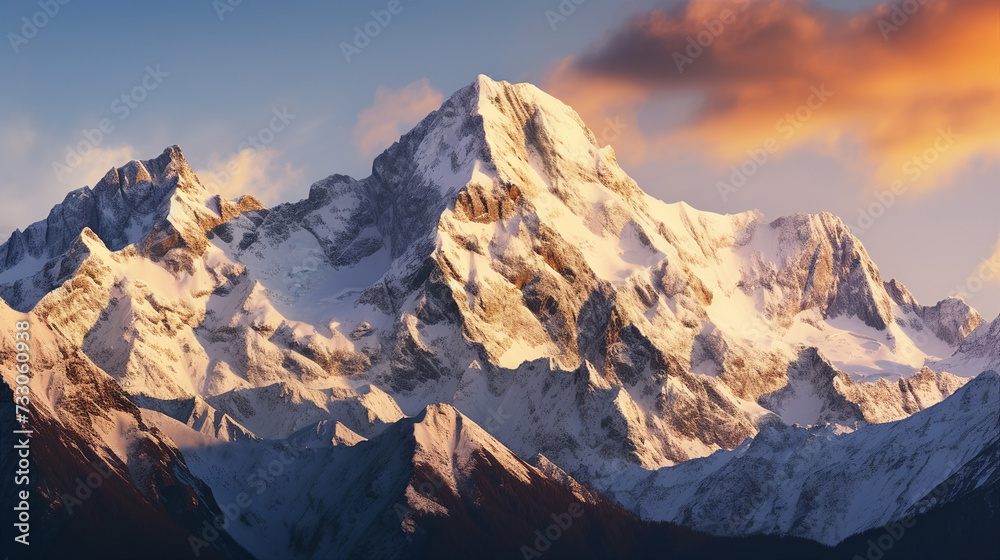Sunlit snowy mountain peaks at sunset