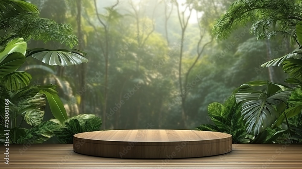 Wooden podium in tropical forest for product presentation and green background.3d rendering, generative ai Wooden podium in tropical forest for product presentation and green background.3d rendering, generative ai