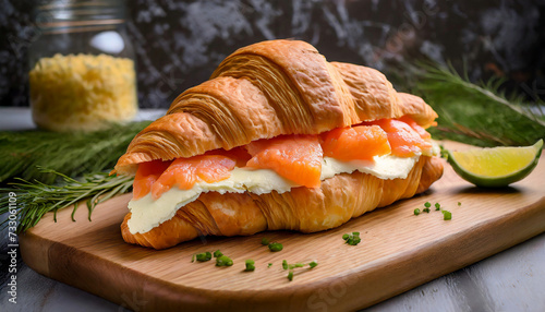 Croissant sandwich with cheese and salmon on wooden board, table background with ingredients, close up