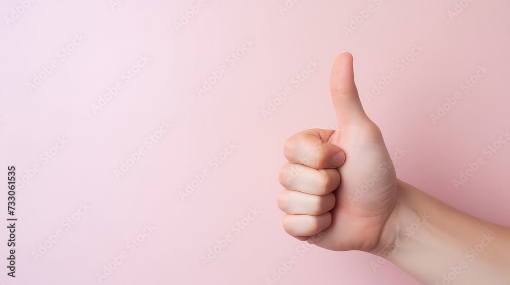 © Mr. Muzammil - Hand of business man showing thumbs up on pink background with copy space
