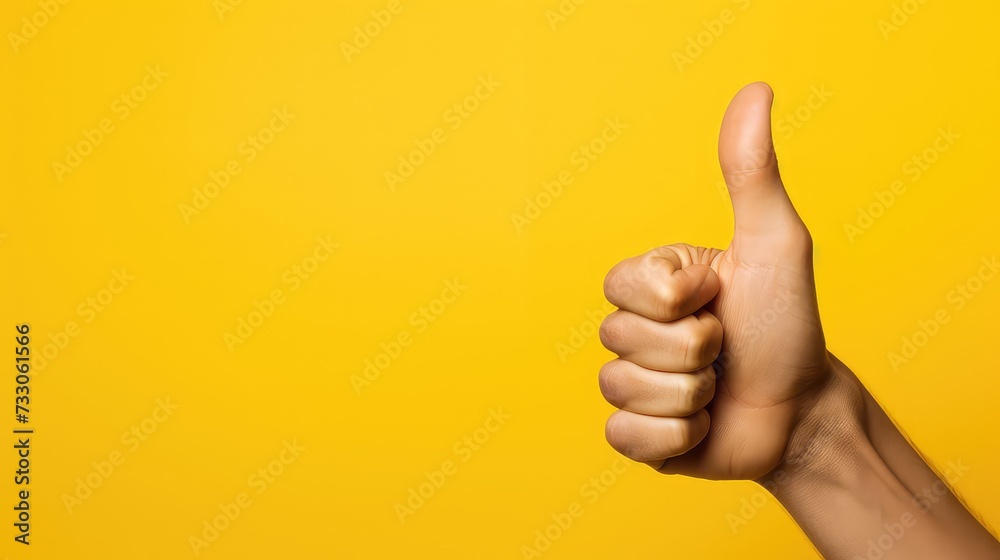 closeup hands showing thumbs up on a yellow background with copy space