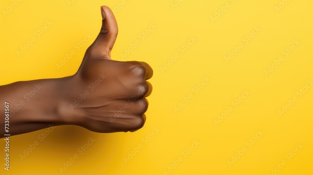 closeup hands showing thumbs up on a yellow background with copy space