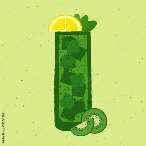 Green cocktail with kiwi, lemon, leaves, ice cubes. Fruity gin tonic. Alcohol drink for bar. Cold soft liquid in tall glass. High glass. Non-alcoholic beverage. Flat vector illustration with texture