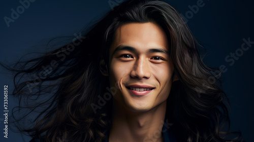 Elegant handsome smiling young Asian man with long hair, on dark blue background, banner, copy space, portrait.