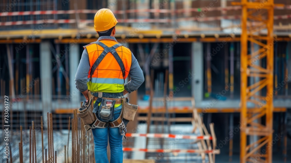 Worker and engineer collaborate at a busy construction site, ensuring safety with hardhats while engaging in architectural and engineering tasks amidst heavy machinery and a towering crane Worker and engineer collaborate at a busy construction site, ensuring safety with hardhats while engaging in architectural and engineering tasks amidst heavy machinery and a towering crane